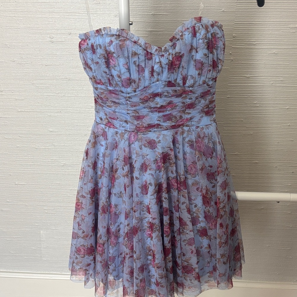 Strapless Floral Mini Dress in Light Blue with Pink Roses